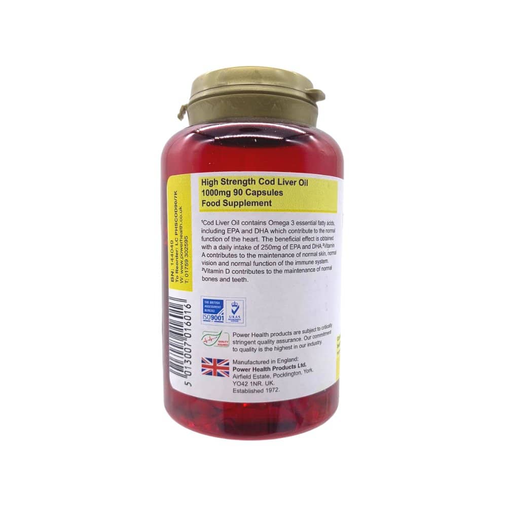 PowerHealth bottle of high strength cod liver oil capsules 1000mg 90 capsules one a day supplement