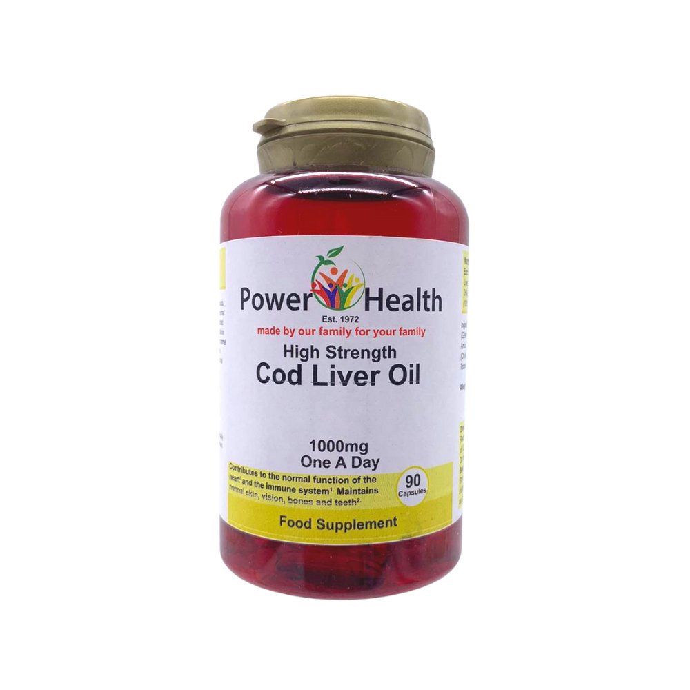 PowerHealth bottle of high strength cod liver oil capsules 1000mg 90 capsules one a day supplement