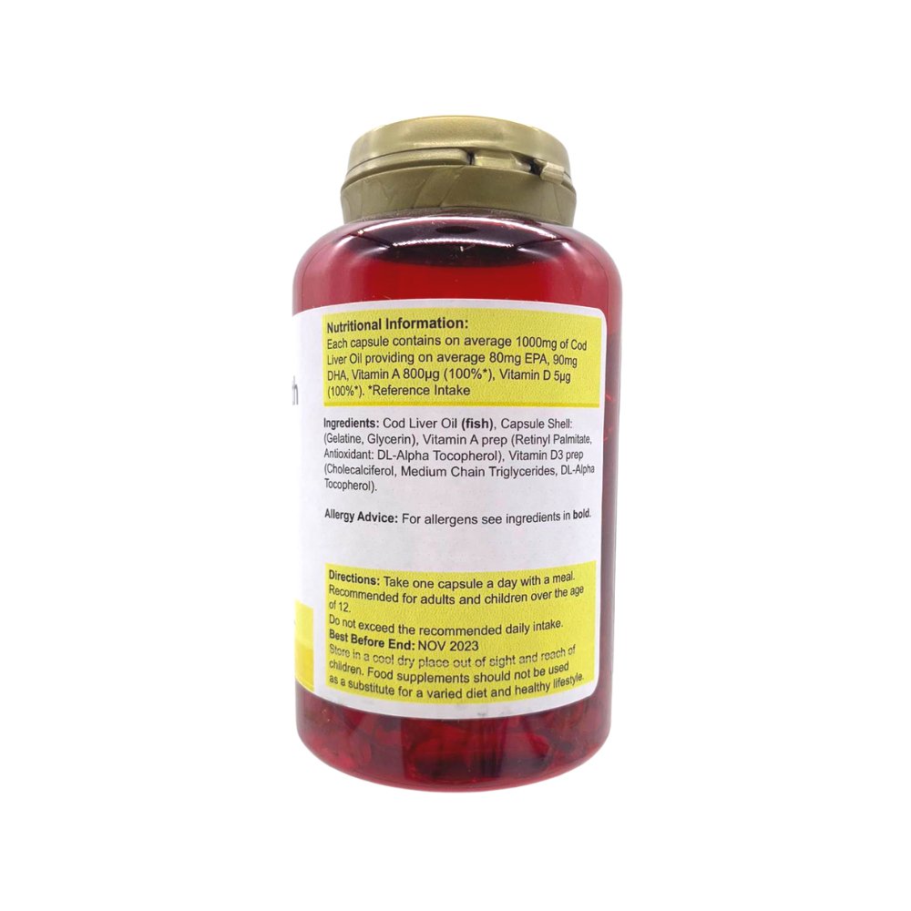 PowerHealth bottle of high strength cod liver oil capsules in red bottle with gold cap and nutrition label