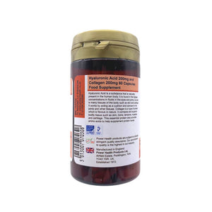 PowerHealth bottle of hyaluronic acid and collagen capsules 200mg 60 capsules brown jar with gold lid