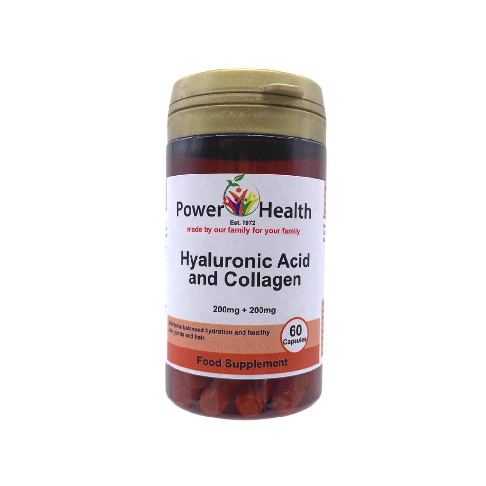 PowerHealth hyaluronic acid and collagen capsules 60 count brown bottle food supplement