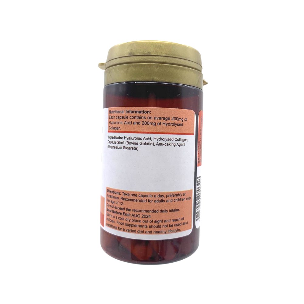 PowerHealth amber supplement bottle with gold lid showing label and visible capsules hyaluronic acid and collagen capsules