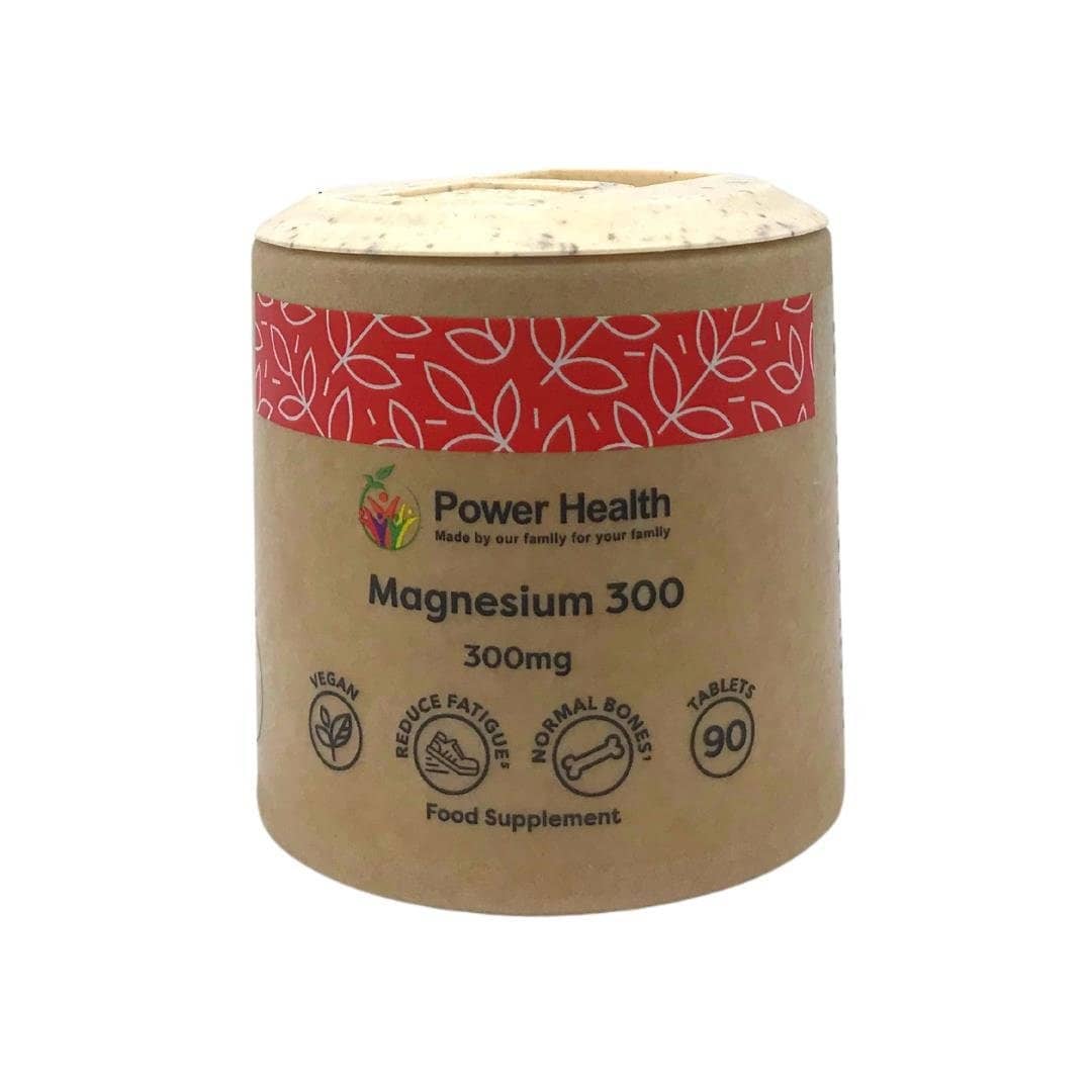 Power Health recyclable cardboard jar of magnesium 300mg tablets 90 count food supplement with red band
