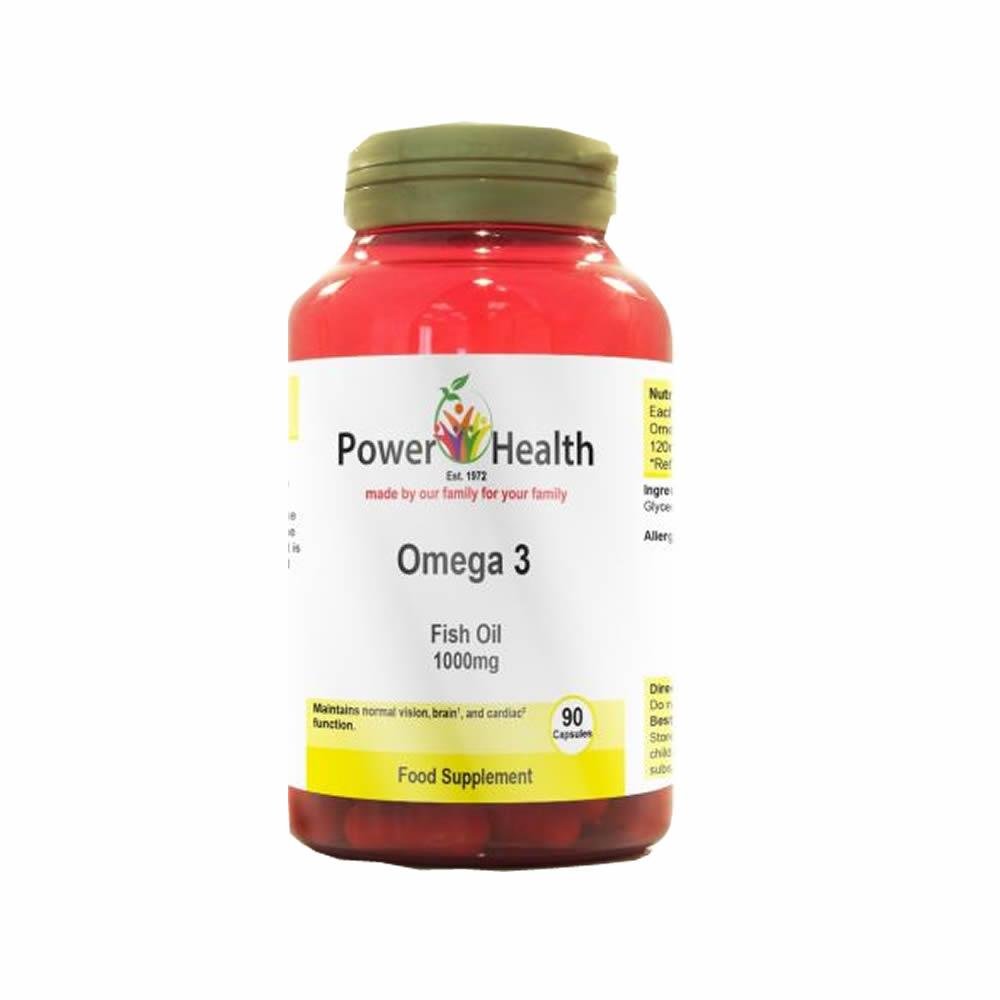 PowerHealth omega 3 fish oil capsules 1000mg red plastic bottle 90 capsules food supplement