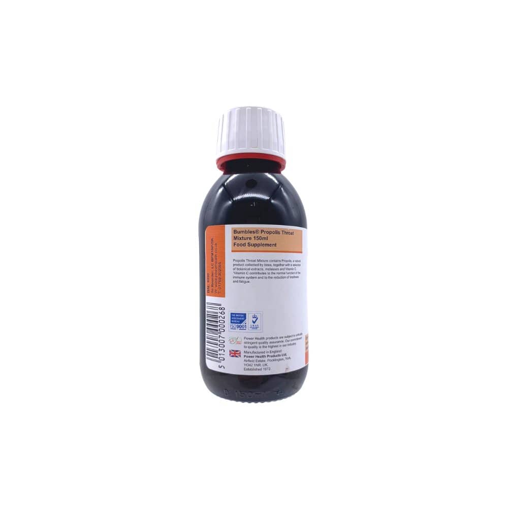 PowerHealth propolis throat mixture bottle with white label and childproof cap vegetarian 150ml