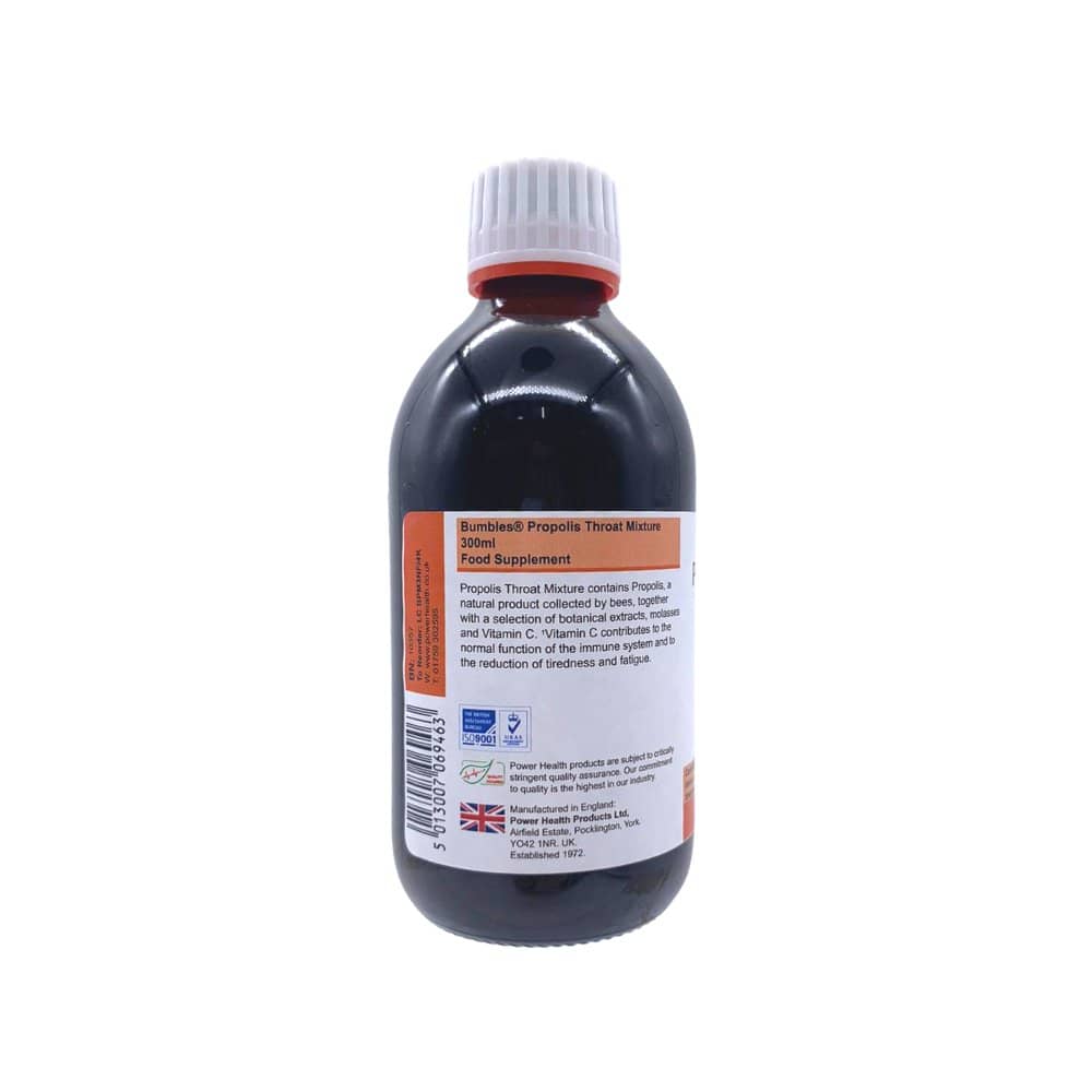 PowerHealth propolis throat mixture in dark bottle with white cap and orange label for sore throat relief