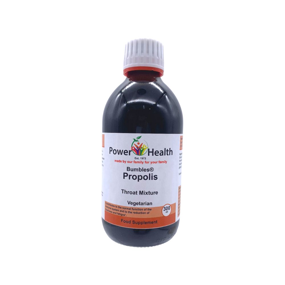 PowerHealth propolis throat mixture in dark bottle with white cap and orange label for sore throat relief