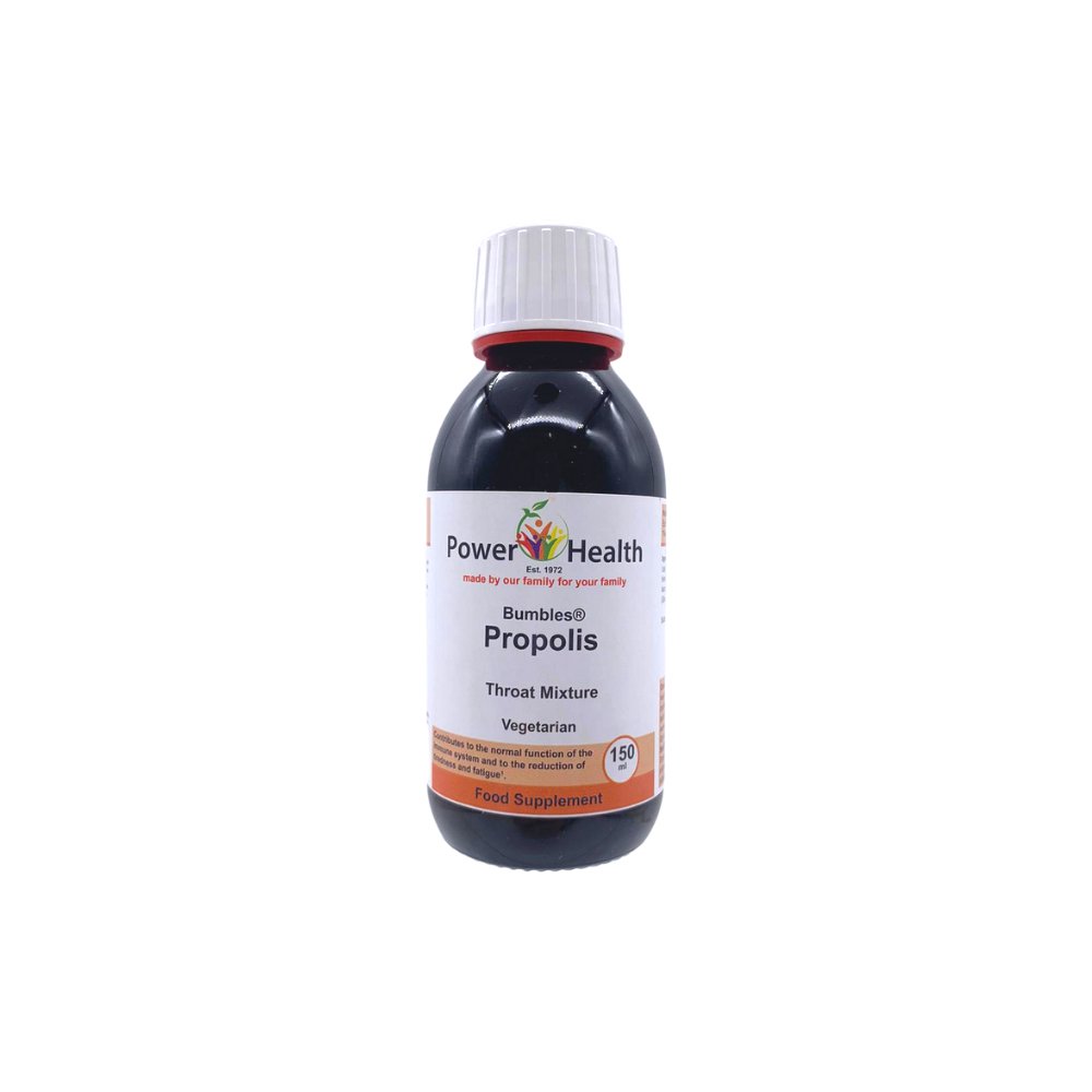 PowerHealth propolis throat mixture bottle with white label and childproof cap vegetarian 150ml