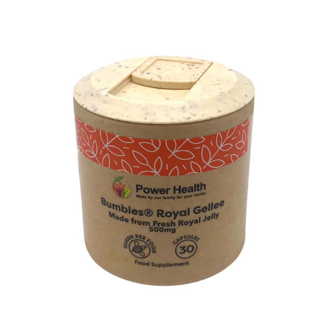PowerHealth Bumbles jar of Royal Jelly Capsules 500mg natural bee supplement 30 capsules recyclable carton
