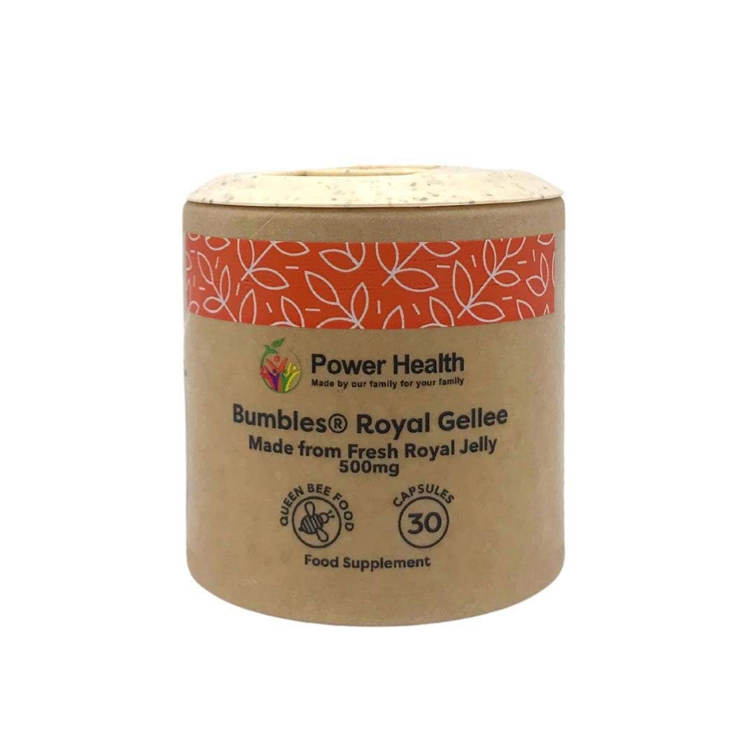 PowerHealth Bumbles jar of Royal Jelly Capsules 500mg natural bee supplement 30 capsules recyclable carton