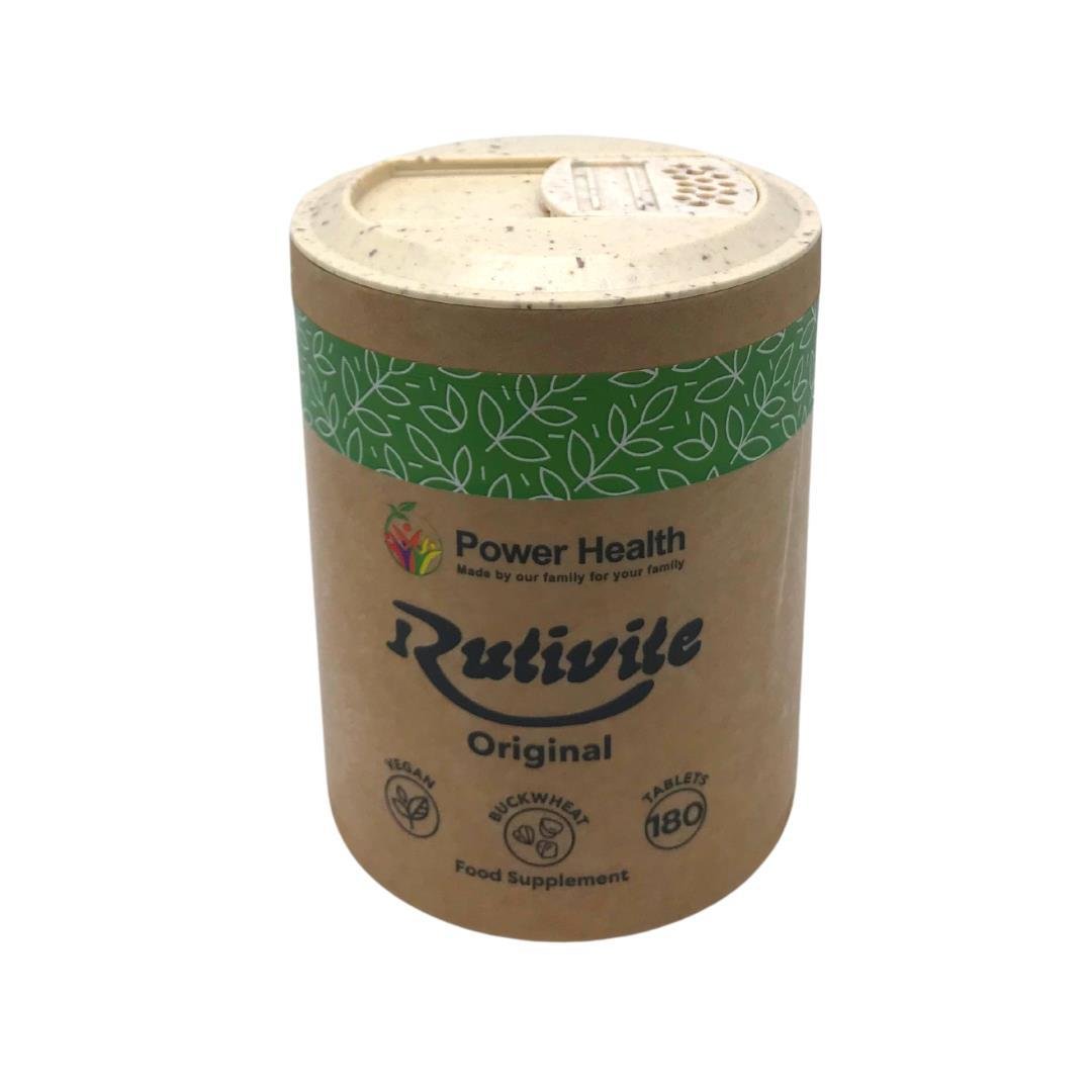 Rutivite tablets for circulation in eco cardboard jar by Power Health showing 180 tablets green leaf band and original label