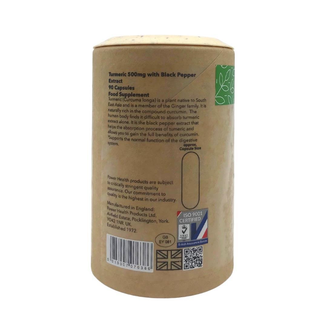 PowerHealth turmeric capsules with black pepper brown cardboard bottle back label showing 90 capsules and supplement details