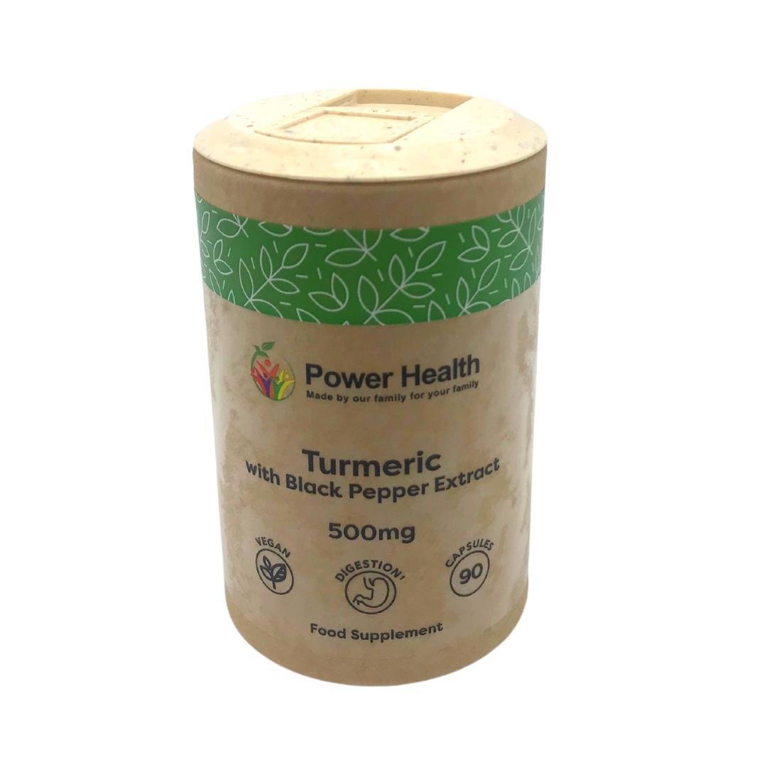PowerHealth eco style cylindrical jar of turmeric capsules with black pepper 500mg 90 capsules