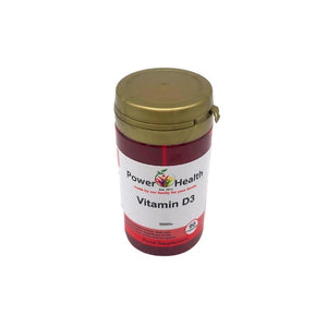 PowerHealth red supplement bottle with gold lid containing Vitamin D3 5000iu capsules pack of 90
