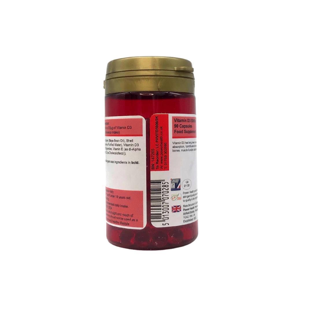 Powerhealth Products Ltd bottle of Vitamin D3 5000iu capsules red softgels in translucent bottle with gold lid