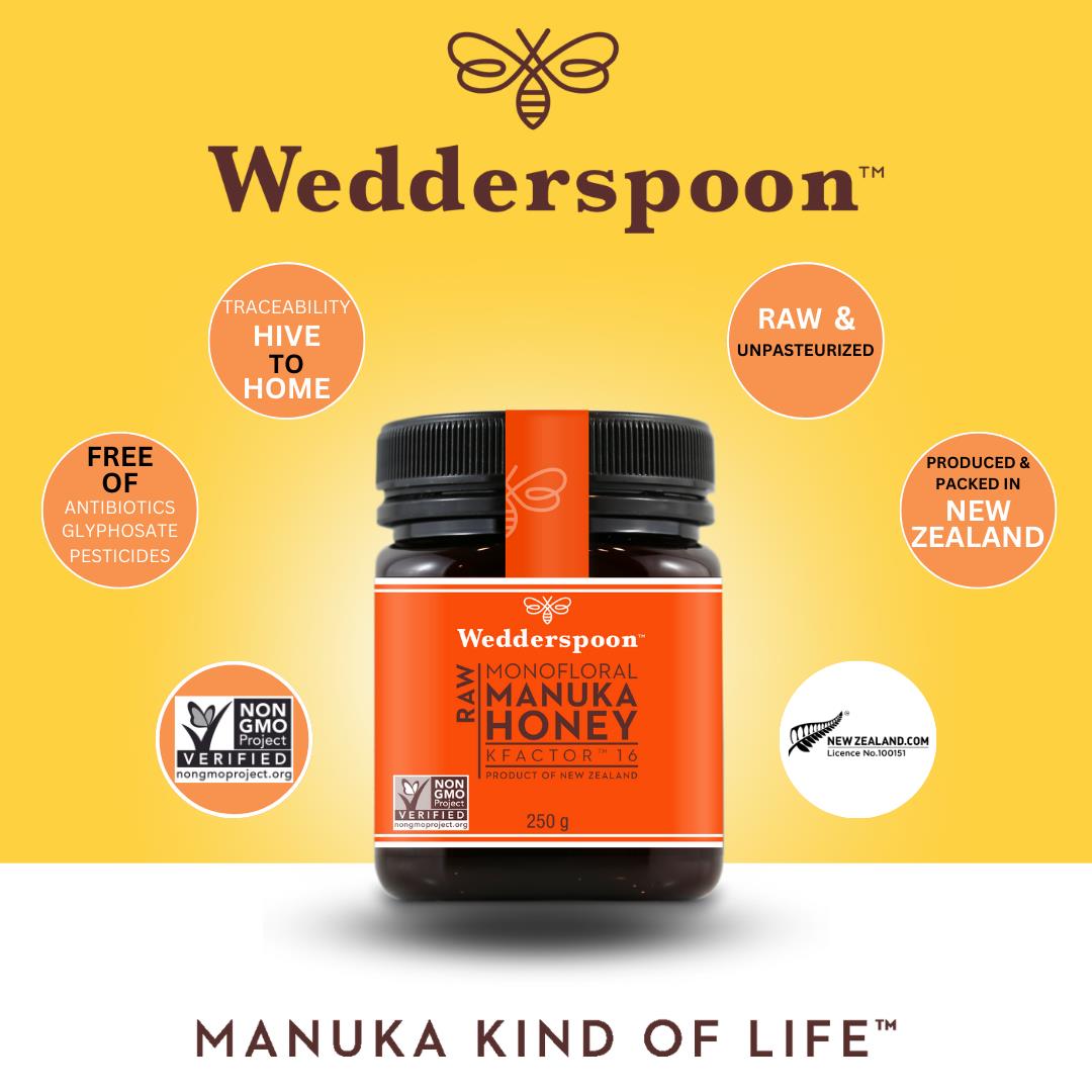 Wedderspoon Raw Manuka Honey 250g jar with orange label, unpasteurized and produced in New Zealand