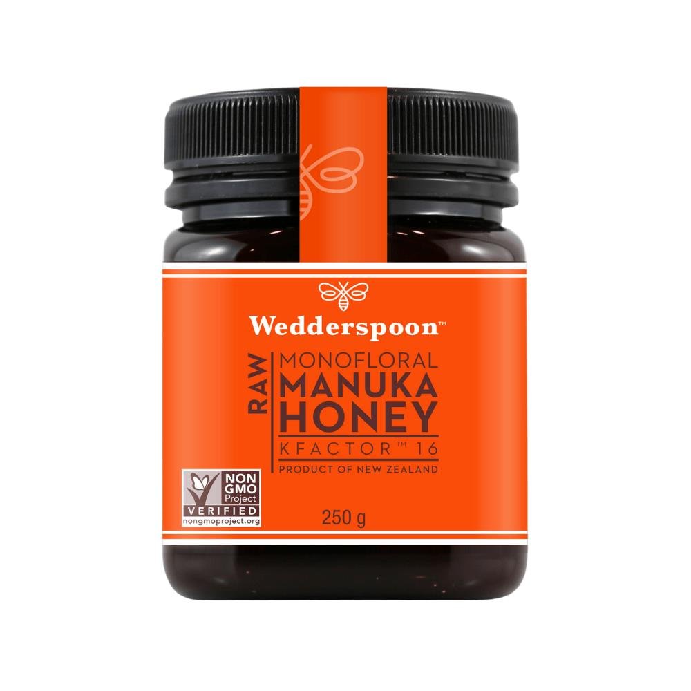 Wedderspoon Raw Manuka Honey 250g jar with orange label and black lid from New Zealand