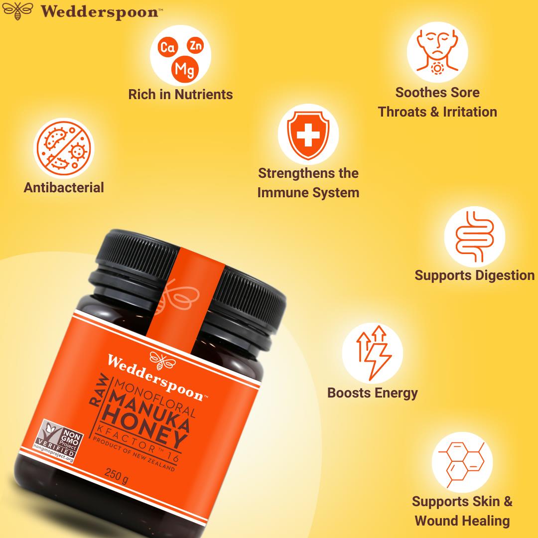 Wedderspoon Raw Manuka Honey 250g jar highlighting antibacterial and immune system benefits