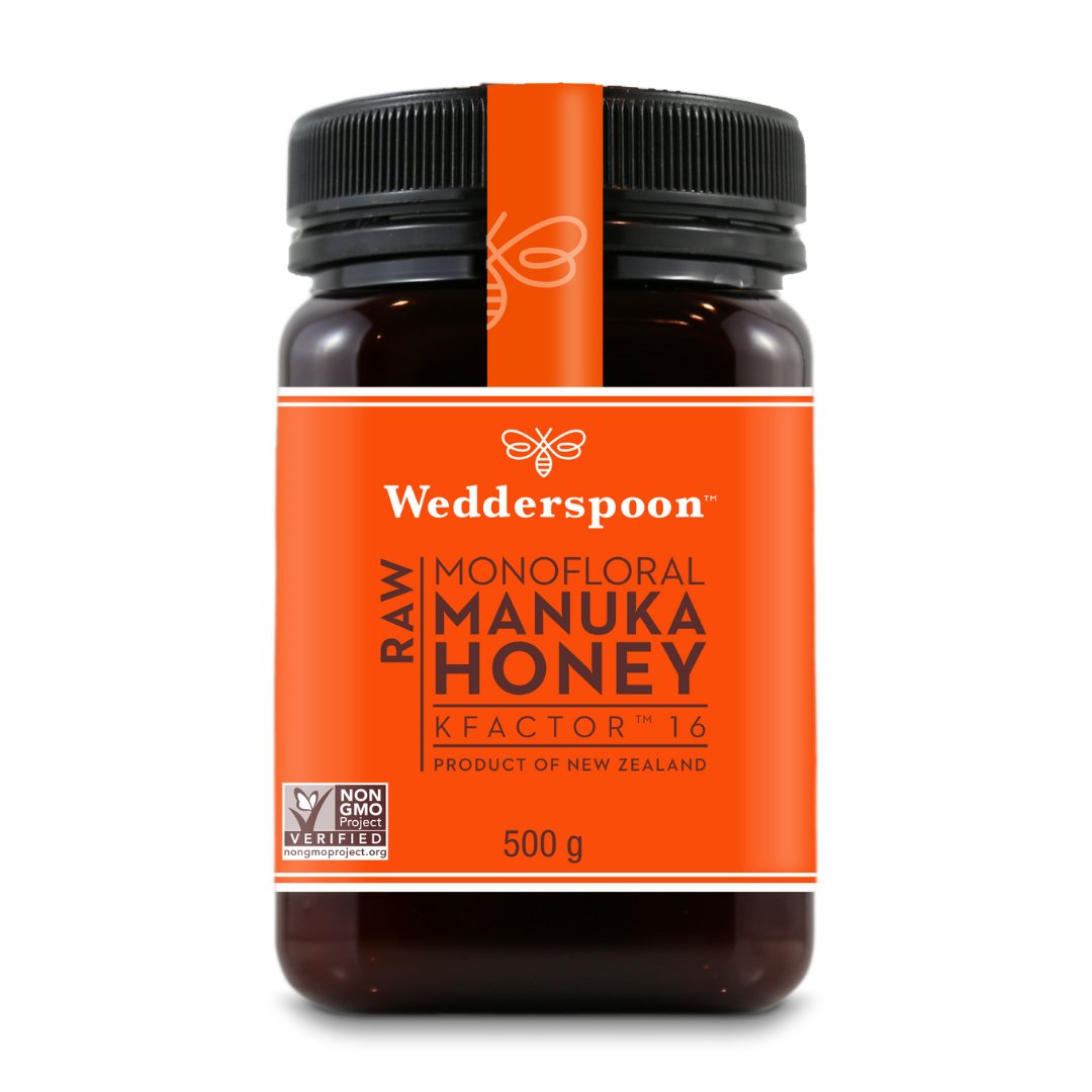 Wedderspoon Raw Manuka honey KFactor 16 500g jar with orange label and black lid