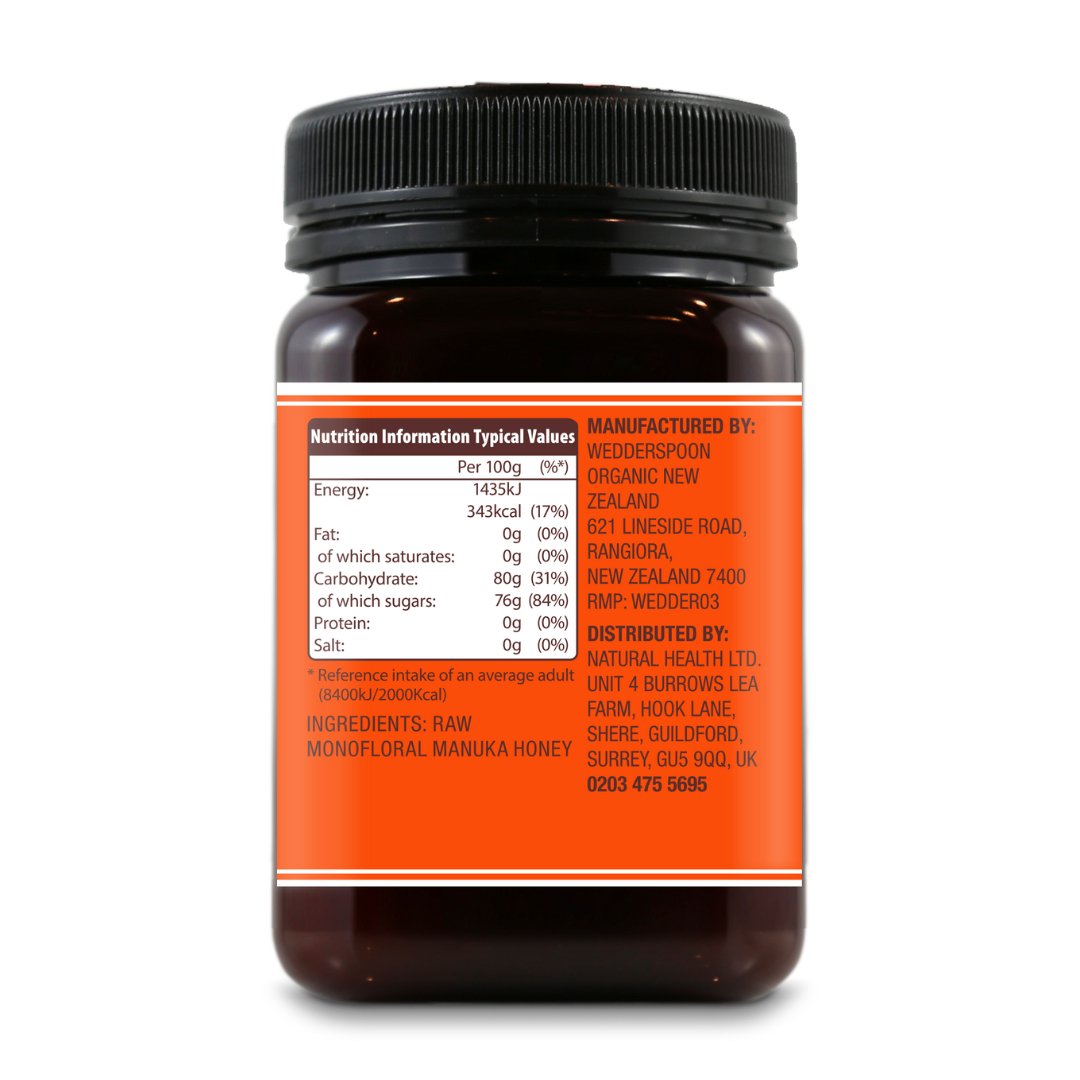 Wedderspoon Raw Manuka honey KFactor 16 jar showing nutrition label and manufacturing details