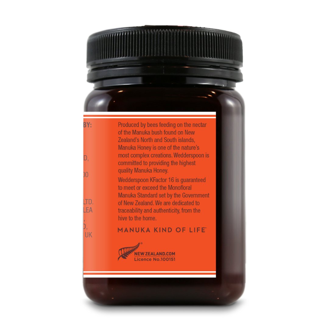 Wedderspoon Raw Manuka honey KFactor 16 jar showing the product label with details about authentic Manuka honey