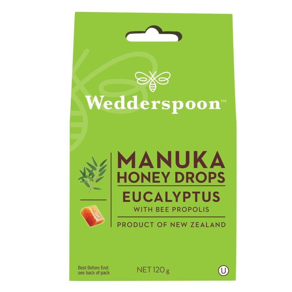 Wedderspoon manuka honey eucalyptus drops throat lozenges with bee propolis in green packaging