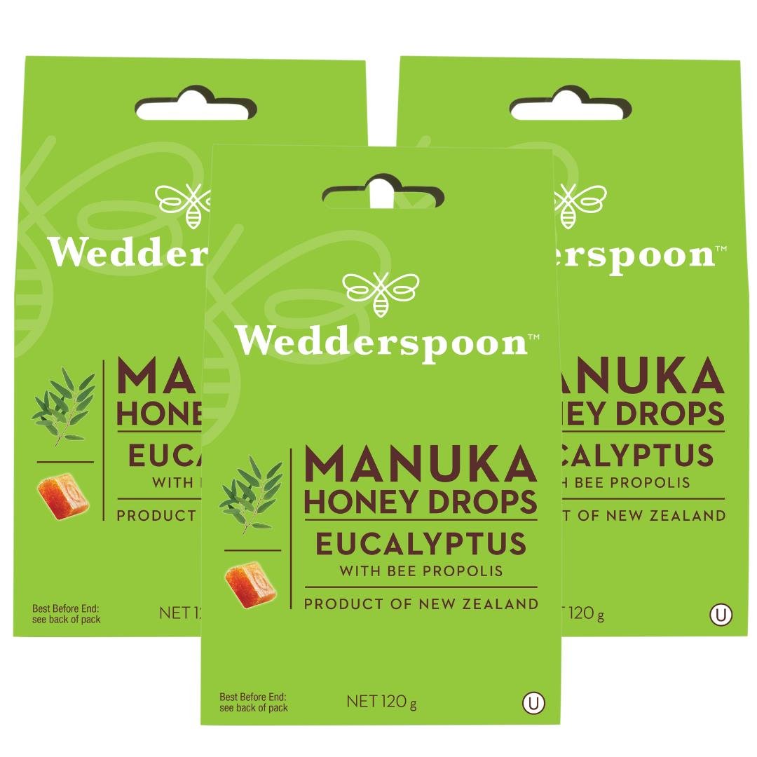 Wedderspoon Manuka Honey Eucalyptus Drops throat lozenges with bee propolis in green packaging