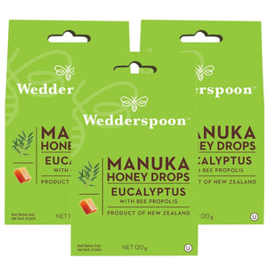 Wedderspoon Manuka Honey Eucalyptus Drops throat lozenges with bee propolis in green packaging