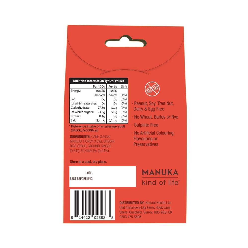 Back of Wedderspoon Manuka honey drops ginger triple pack throat lozenges packaging with nutrition and ingredient details