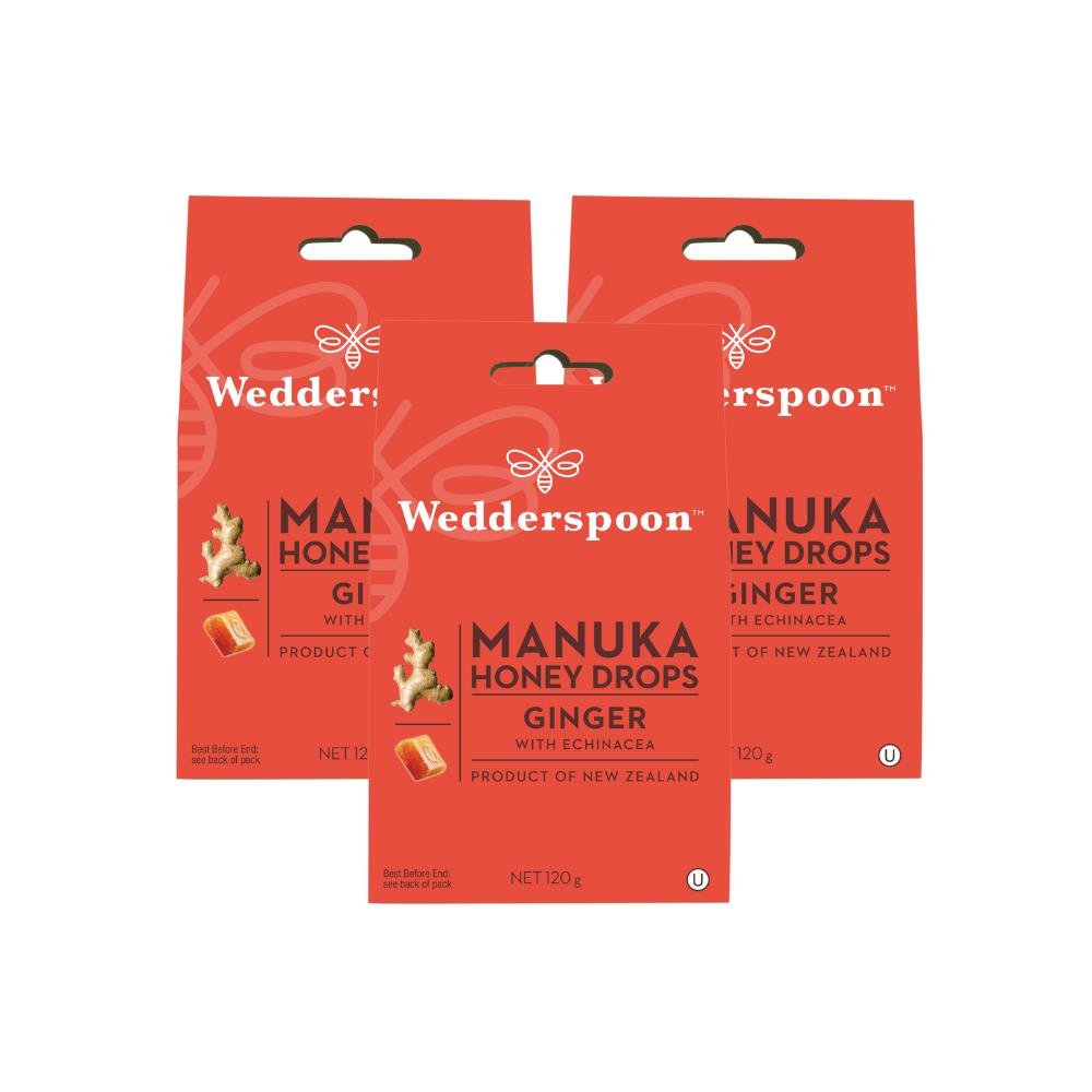 Wedderspoon Manuka honey drops ginger triple pack throat lozenges with echinacea in red packaging