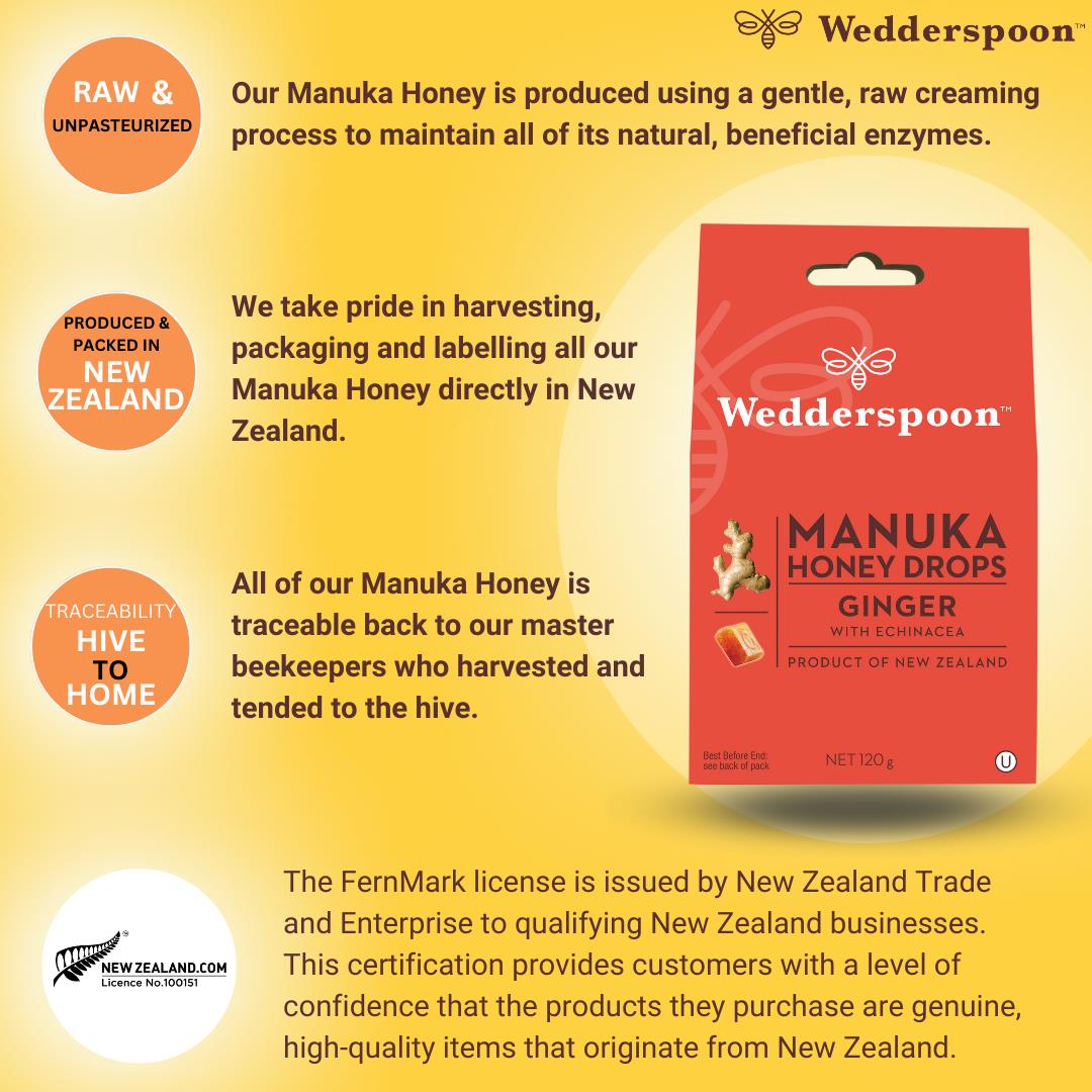 Wedderspoon Manuka honey drops ginger triple pack throat lozenges in red packaging with natural honey benefits