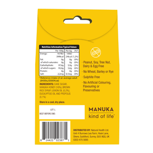 Wedderspoon manuka honey drops throat Drops yellow packaging with nutritional information and ingredient details