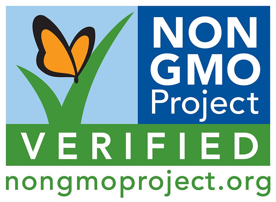 Non GMO Project Verified logo with butterfly on leaf representing certified natural Wedderspoon manuka honey drops