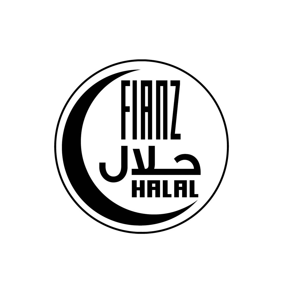 Fianz halal certification logo with crescent moon in black and white design