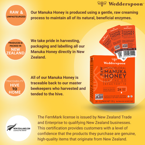 Wedderspoon Manuka honey snap packs box with three individual snap packs displayed on a yellow background
