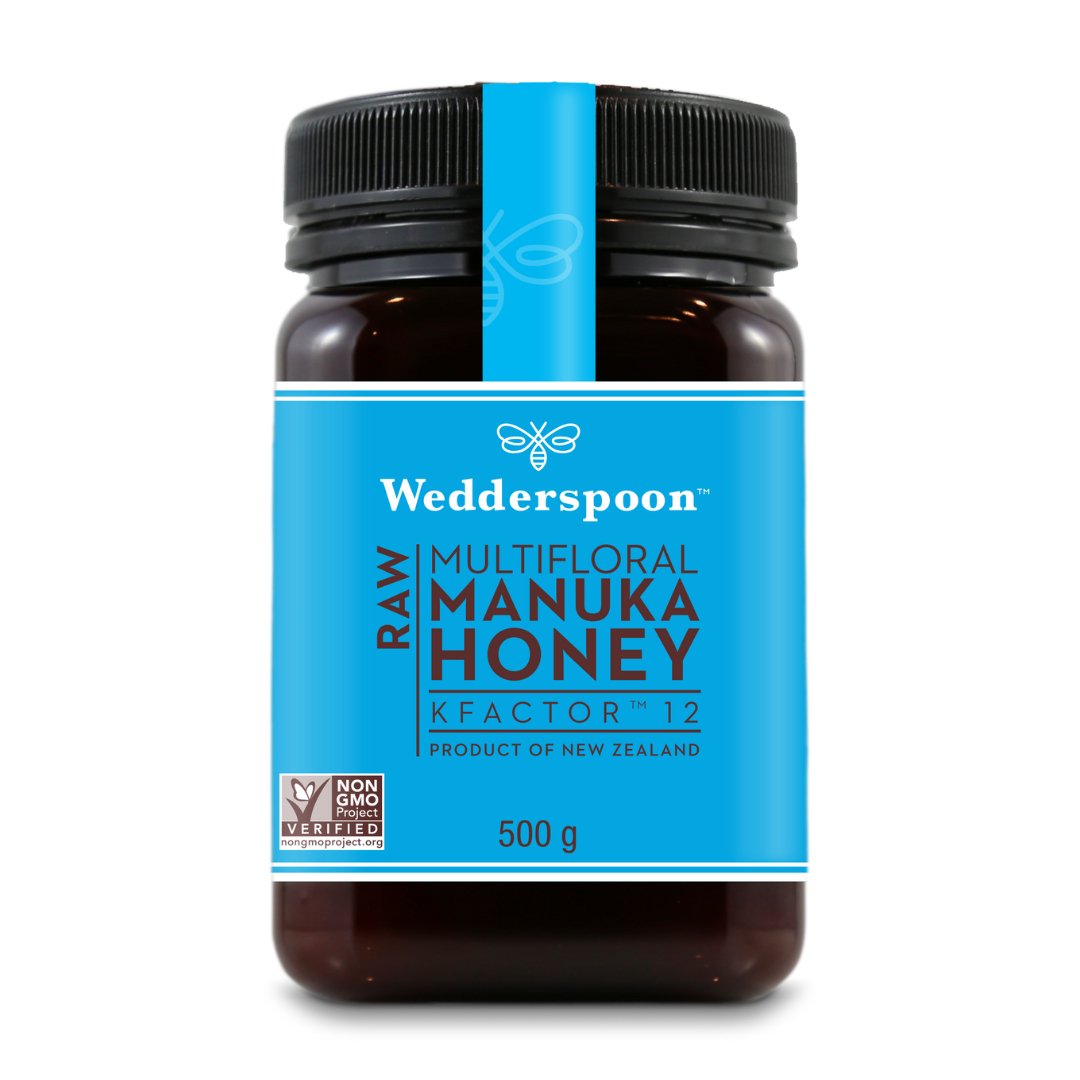 Wedderspoon Raw Manuka honey KFactor 12 500g jar with blue label and black lid